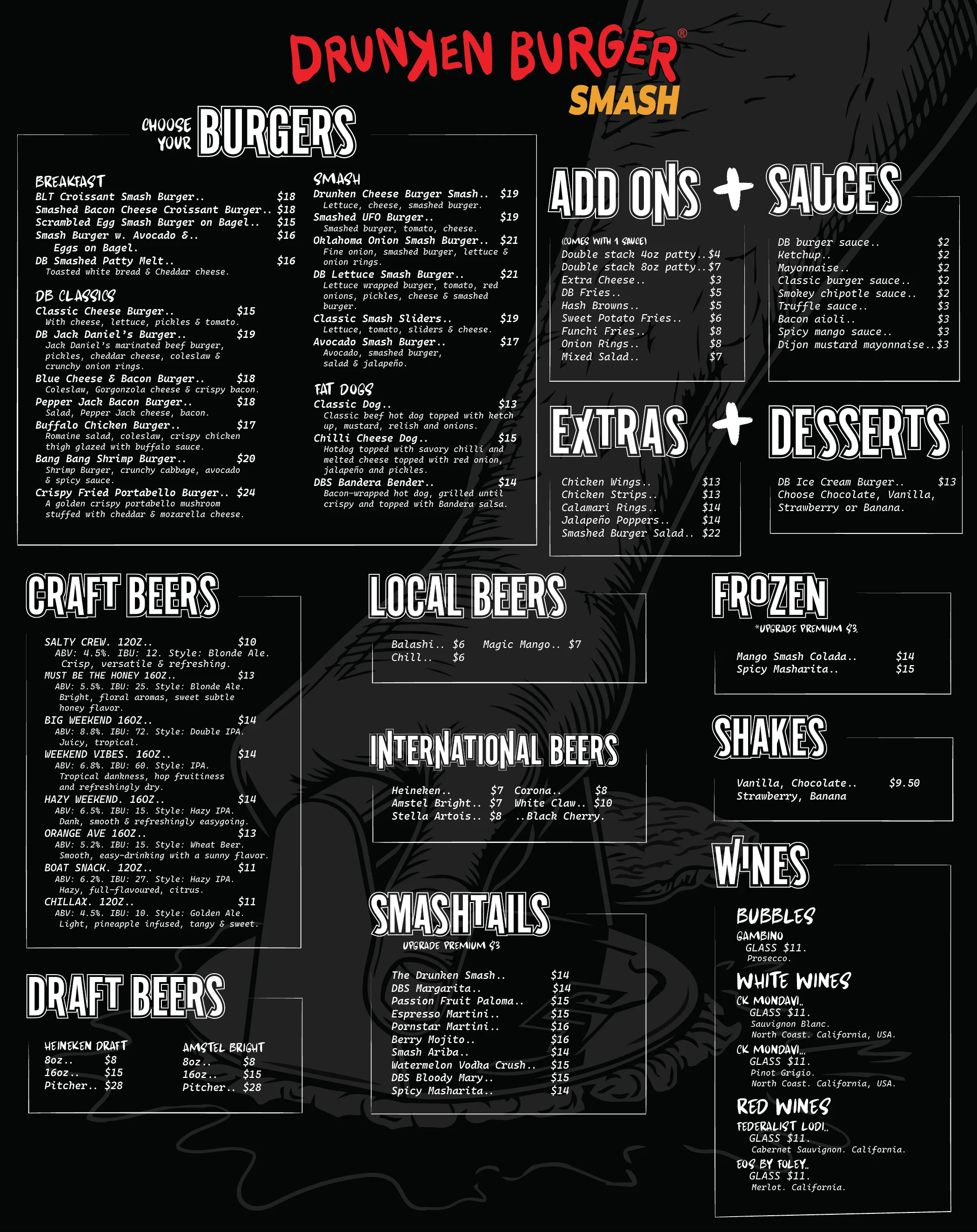 Drunken Burger Smash Menu